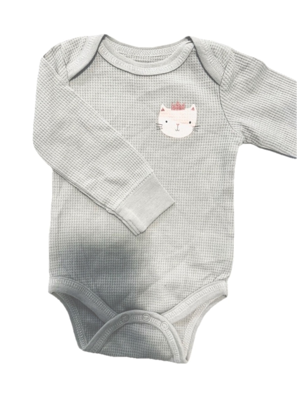 chick pea Light Gray Waffle Knit Long-Sleeve One-Piece with Cat Patch